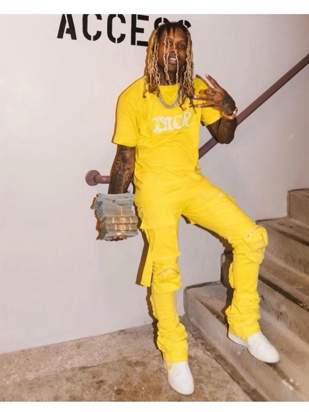 Cliche Jeanius Studios Yellow Cargo Pants Mens 30 Lil Durk Stacked Denim Jeans